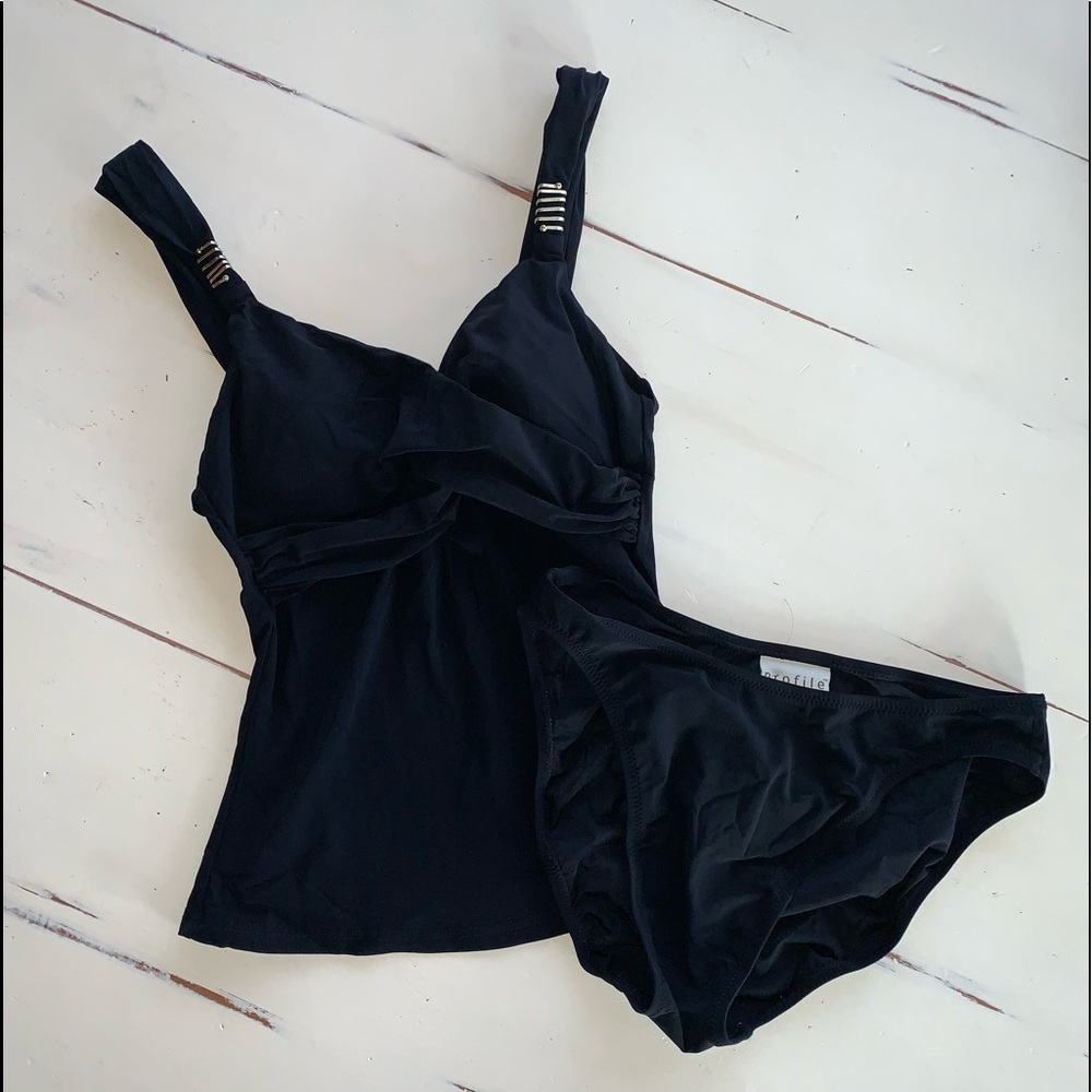 Profile by Gottex Black Tankini Swimsuit two piece gold metal trim - Size 6